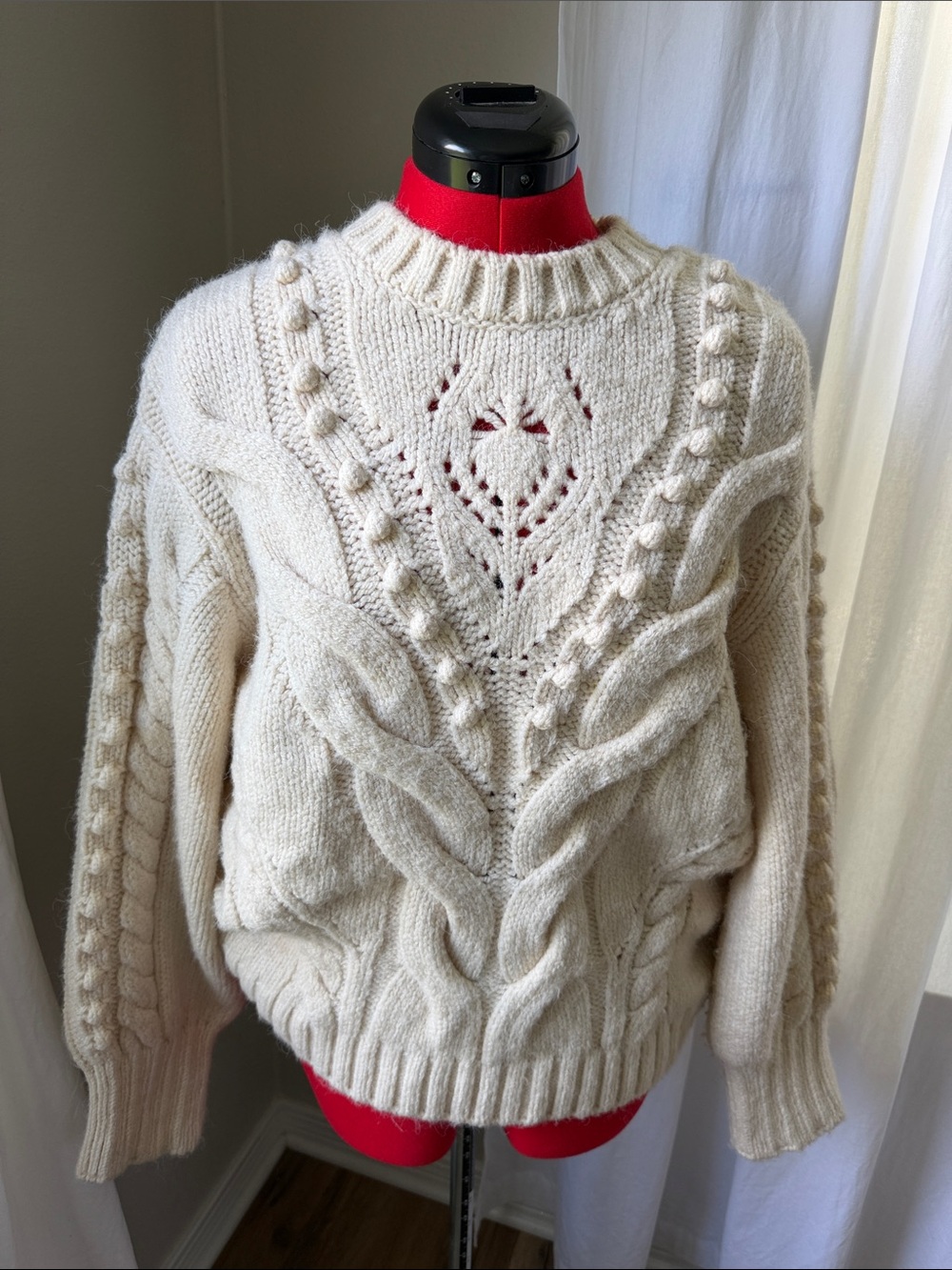 Mango Cream Cable-Detail Crewneck Sweater